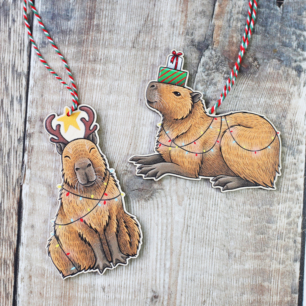 Set of 2 Christmas Capybara Wooden Decorations