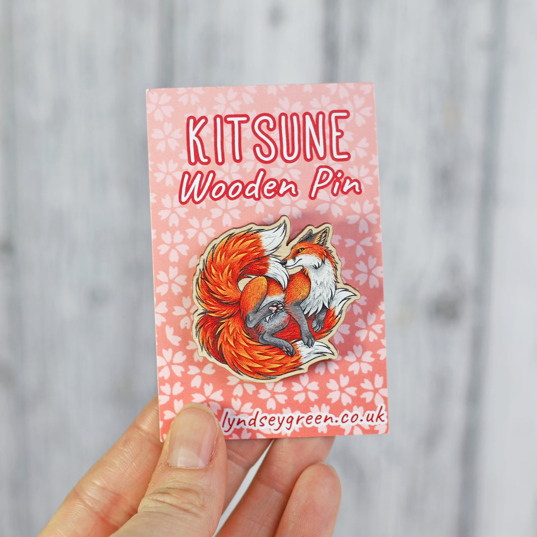 Red Kitsune Wooden Pin