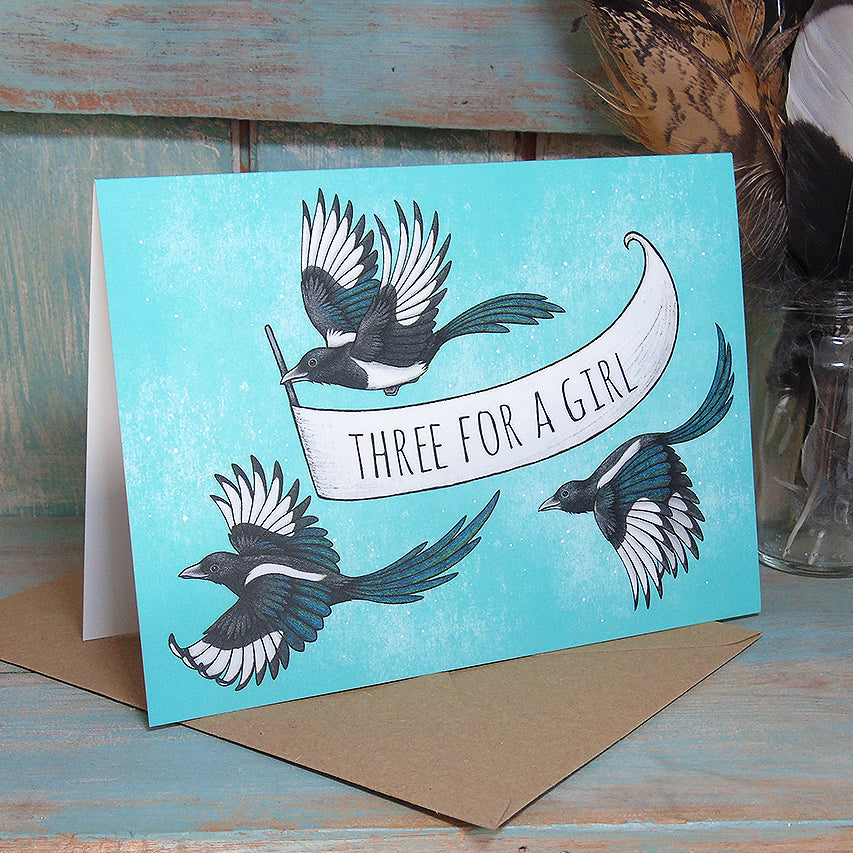 Magpies Three For A Girl Card