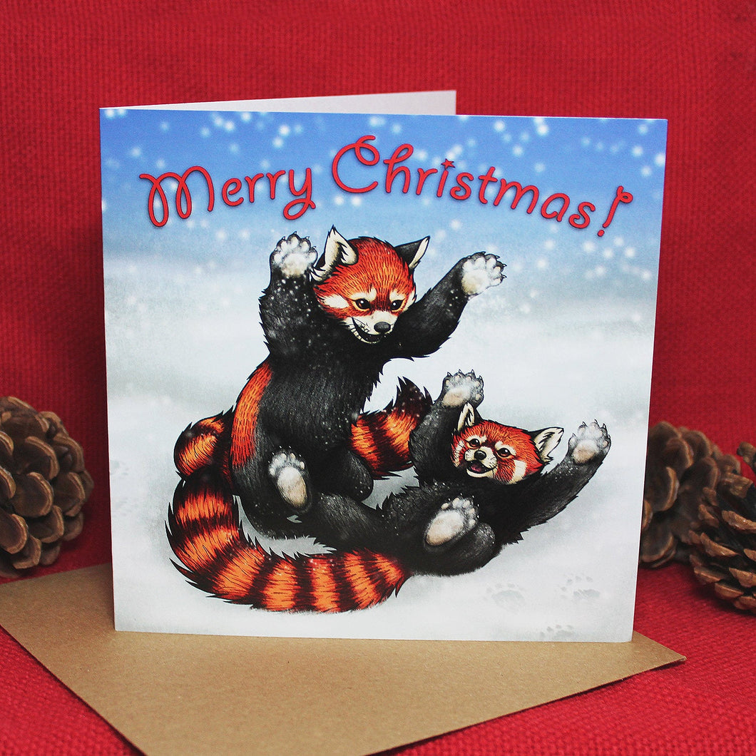 Snowfight Red Pandas Christmas Card