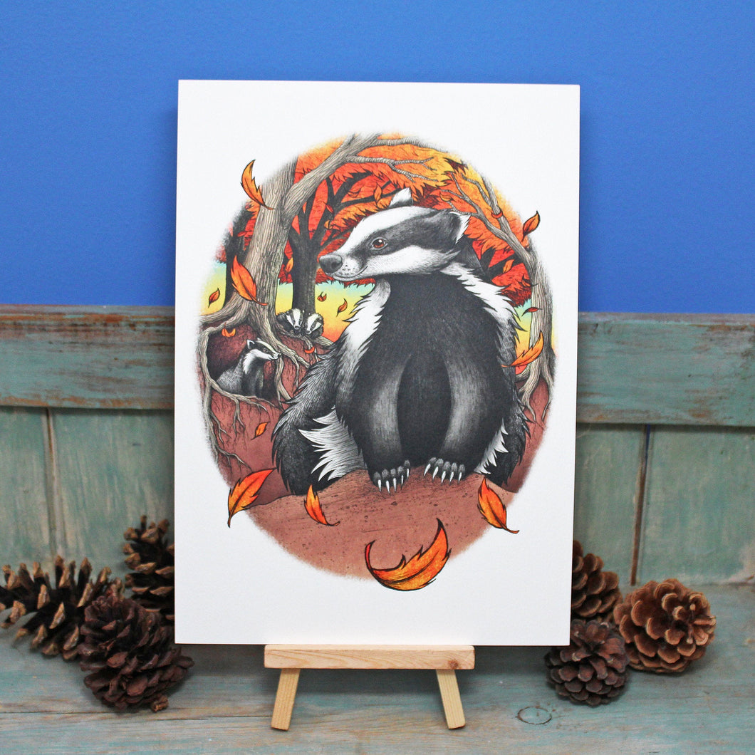Badgers At Fall Illustration A4 Print
