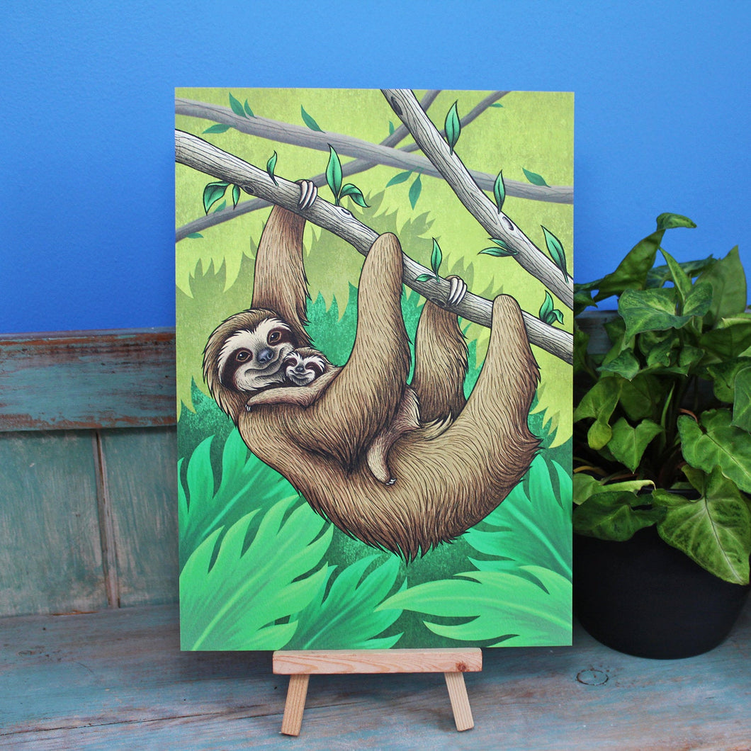 Three Toed Sloths Illustration A4 Print