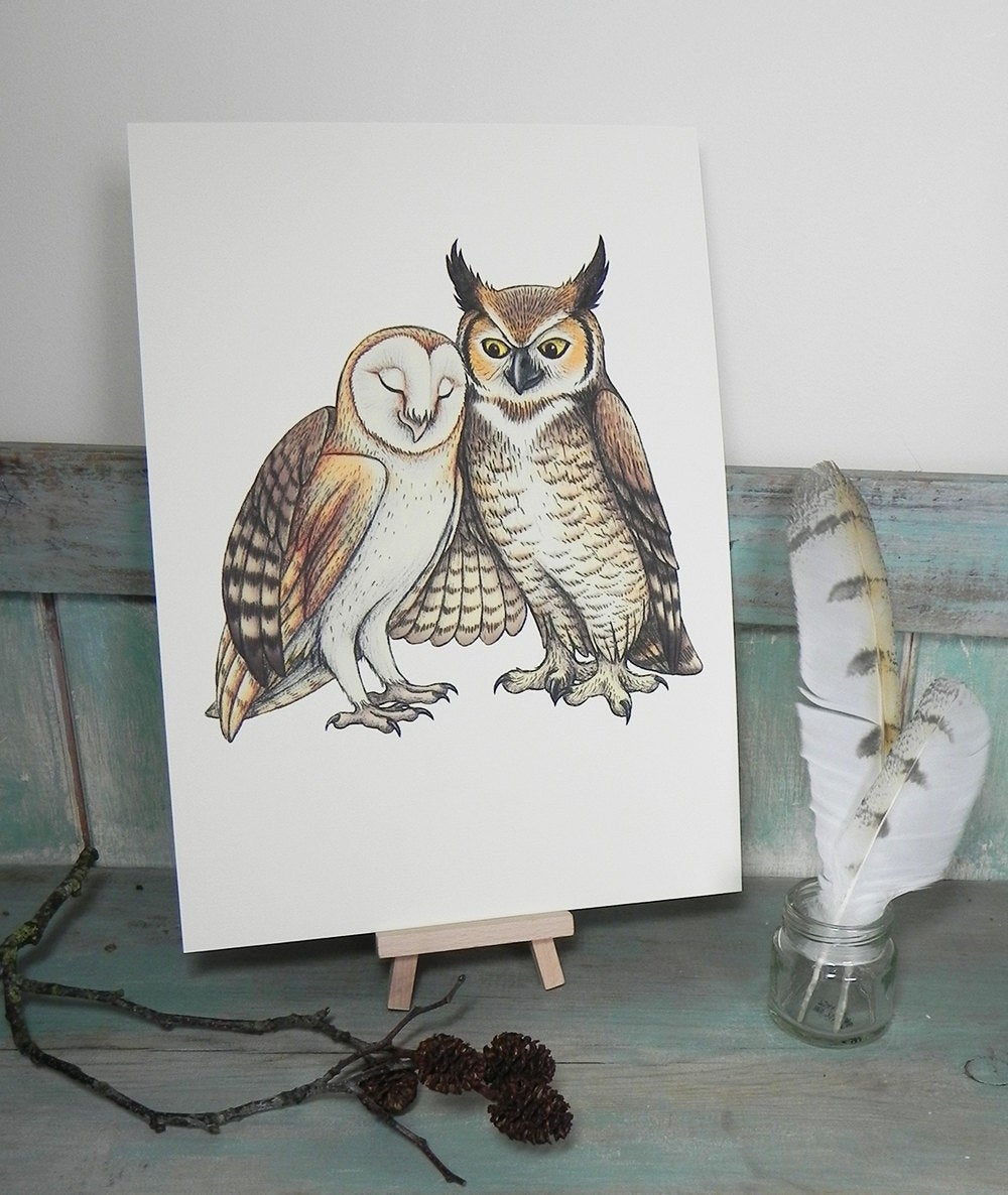 Owl Couple Illustration A4 Print